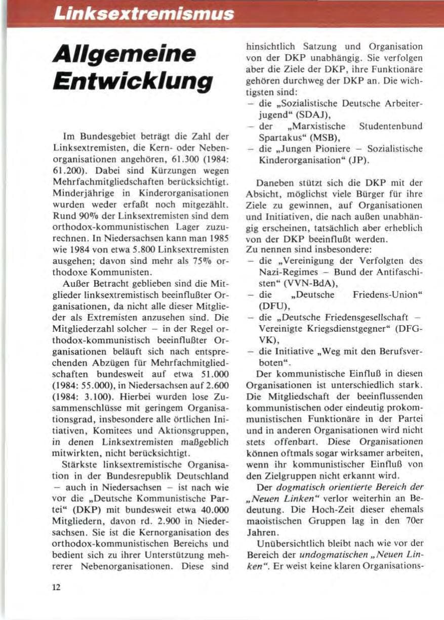 Seite 16 des Verfassungsschutzbericht 1985 Niedersachsen
