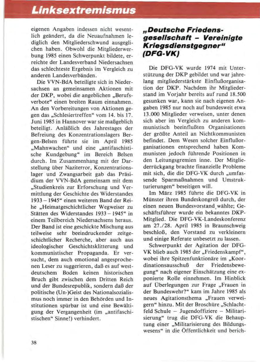 Seite 42 des Verfassungsschutzbericht 1985 Niedersachsen