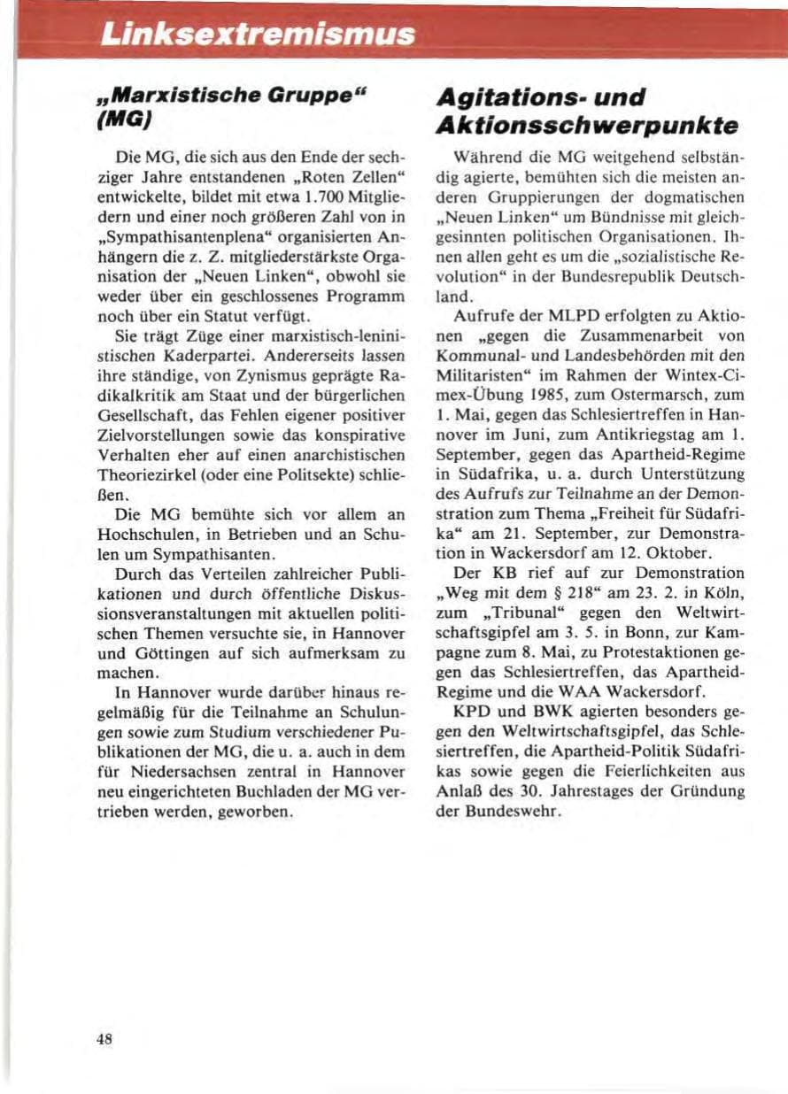 Seite 52 des Verfassungsschutzbericht 1985 Niedersachsen