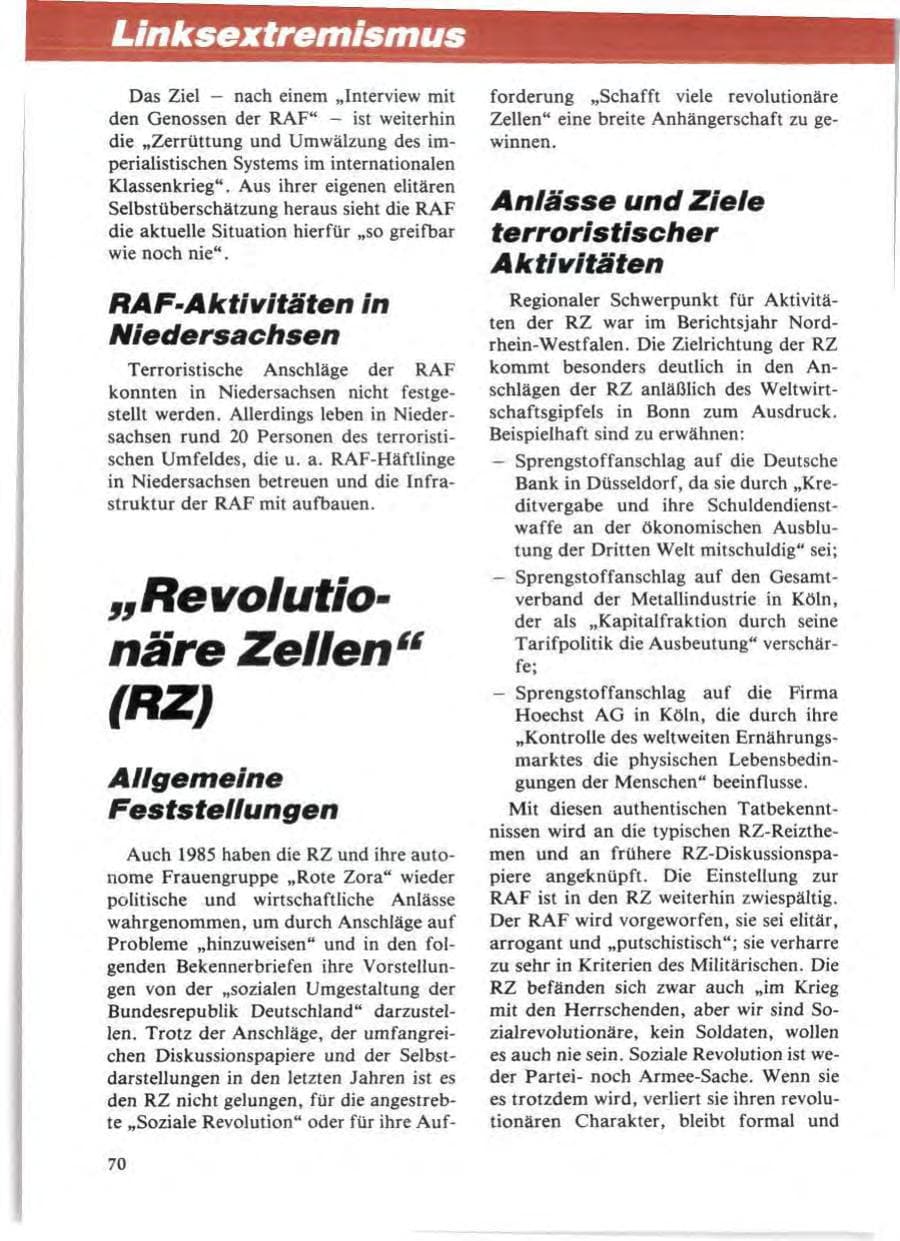 Seite 74 des Verfassungsschutzbericht 1985 Niedersachsen