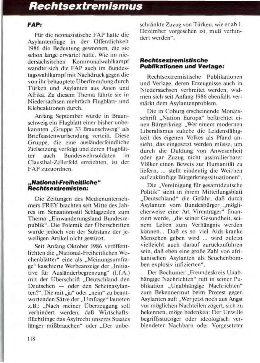 Seite 122 des Verfassungsschutzbericht 1986 Niedersachsen