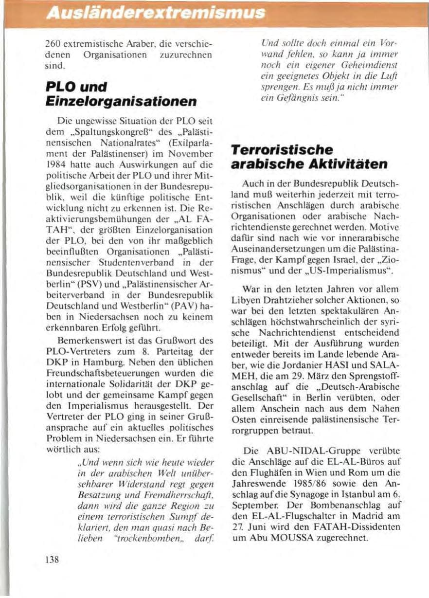 Seite 142 des Verfassungsschutzbericht 1986 Niedersachsen