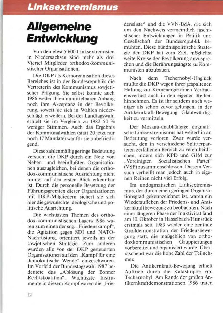 Seite 16 des Verfassungsschutzbericht 1986 Niedersachsen