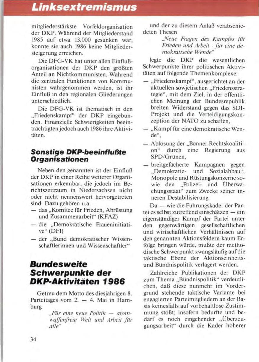 Seite 38 des Verfassungsschutzbericht 1986 Niedersachsen