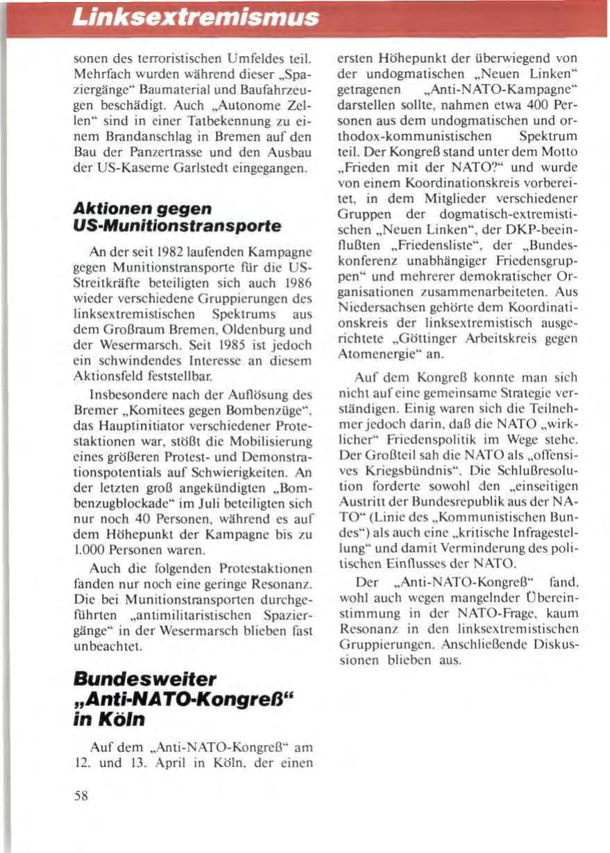 Seite 62 des Verfassungsschutzbericht 1986 Niedersachsen