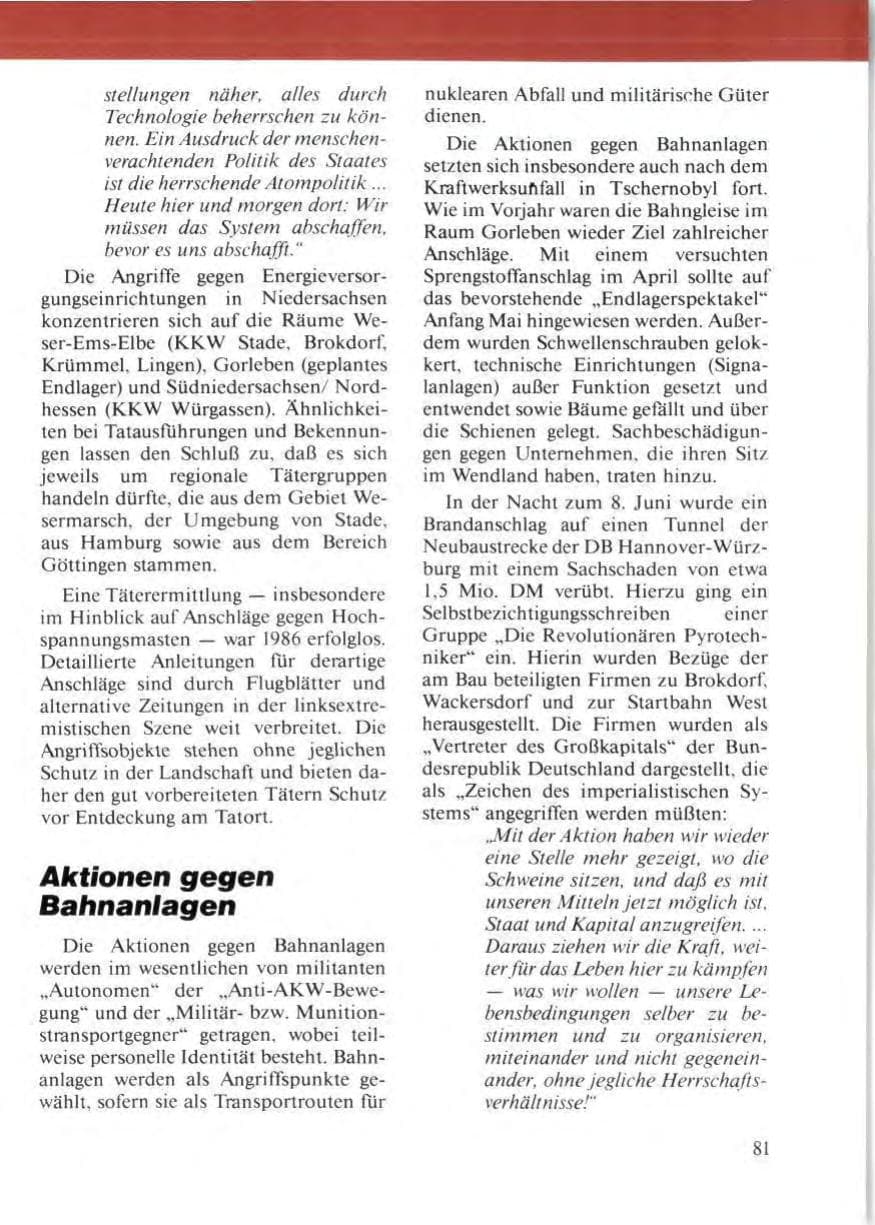 Seite 85 des Verfassungsschutzbericht 1986 Niedersachsen
