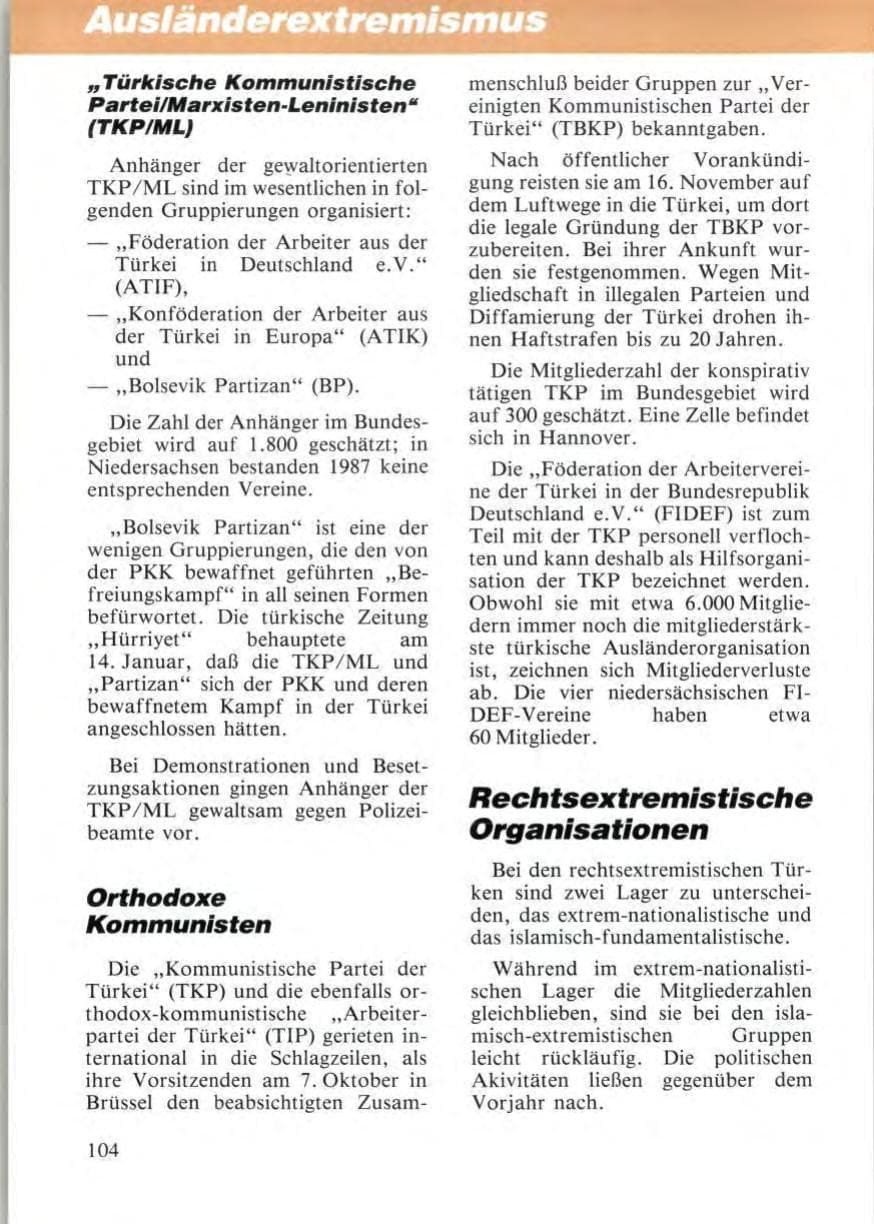 Seite 106 des Verfassungsschutzbericht 1987 Niedersachsen