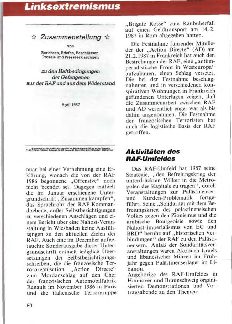 Seite 62 des Verfassungsschutzbericht 1987 Niedersachsen