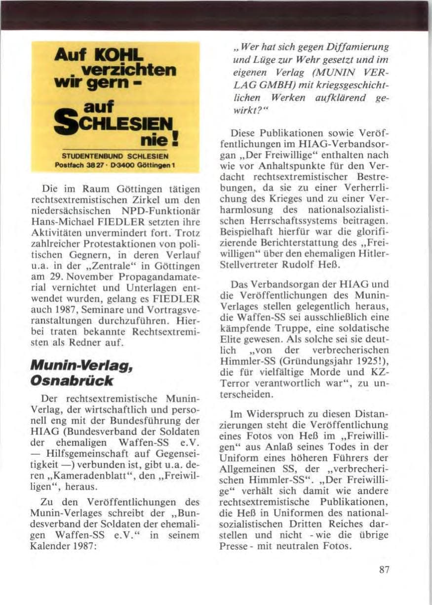 Seite 89 des Verfassungsschutzbericht 1987 Niedersachsen