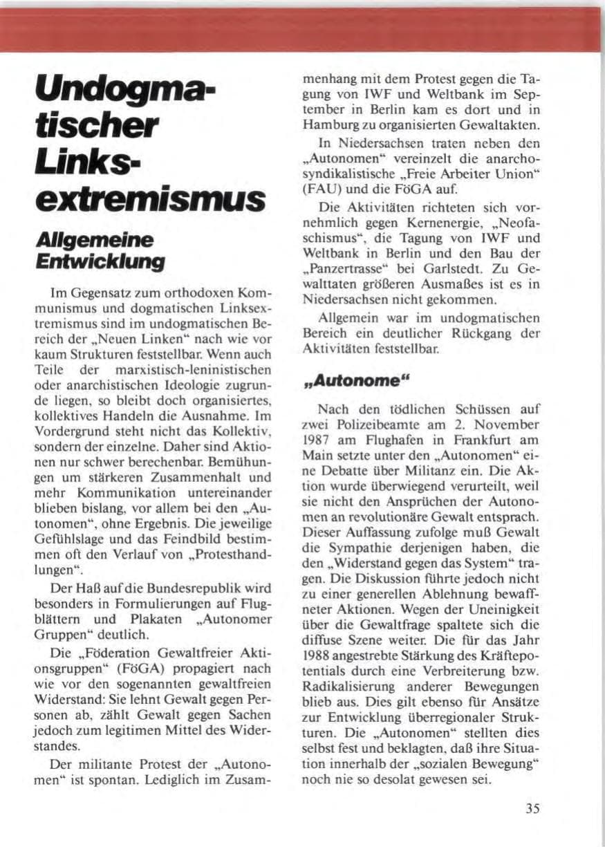 Seite 37 des Verfassungsschutzbericht 1988 Niedersachsen