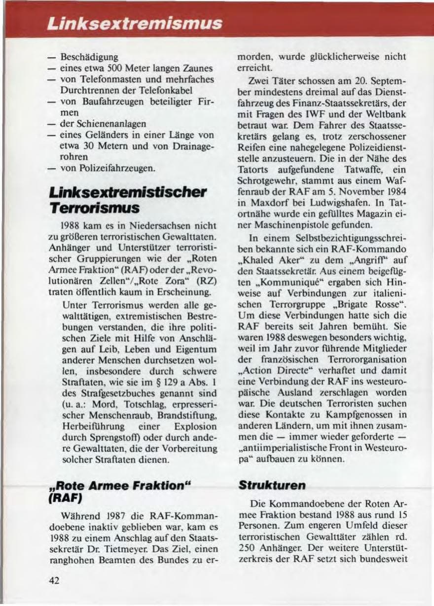Seite 44 des Verfassungsschutzbericht 1988 Niedersachsen
