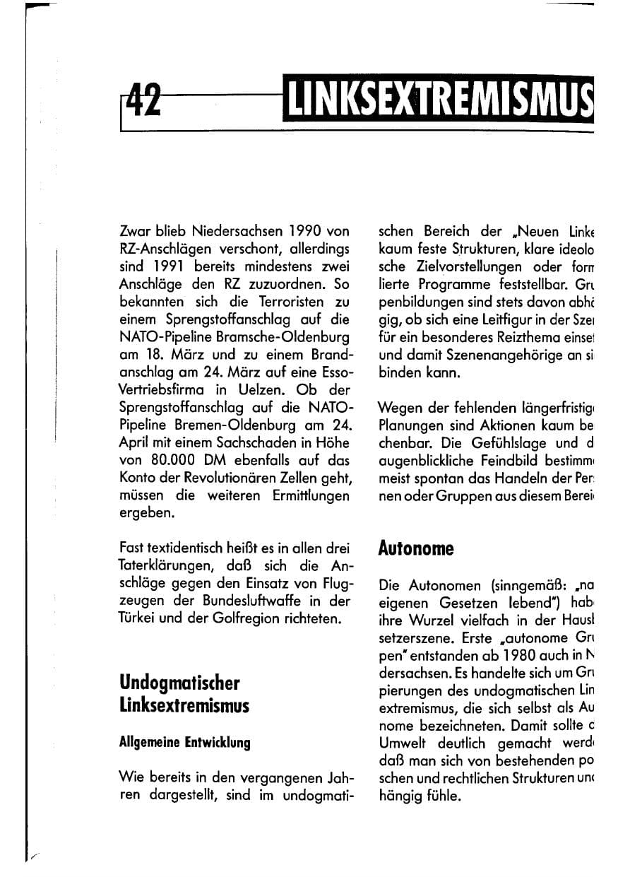 Seite 42 des Verfassungsschutzbericht 1990 Niedersachsen