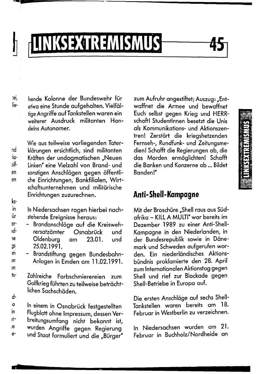 Seite 45 des Verfassungsschutzbericht 1990 Niedersachsen