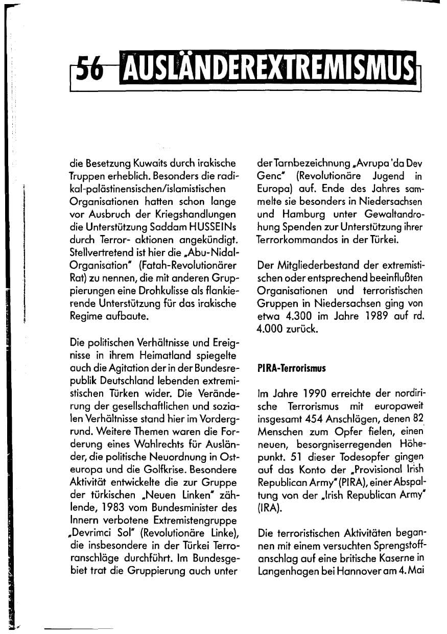 Seite 56 des Verfassungsschutzbericht 1990 Niedersachsen