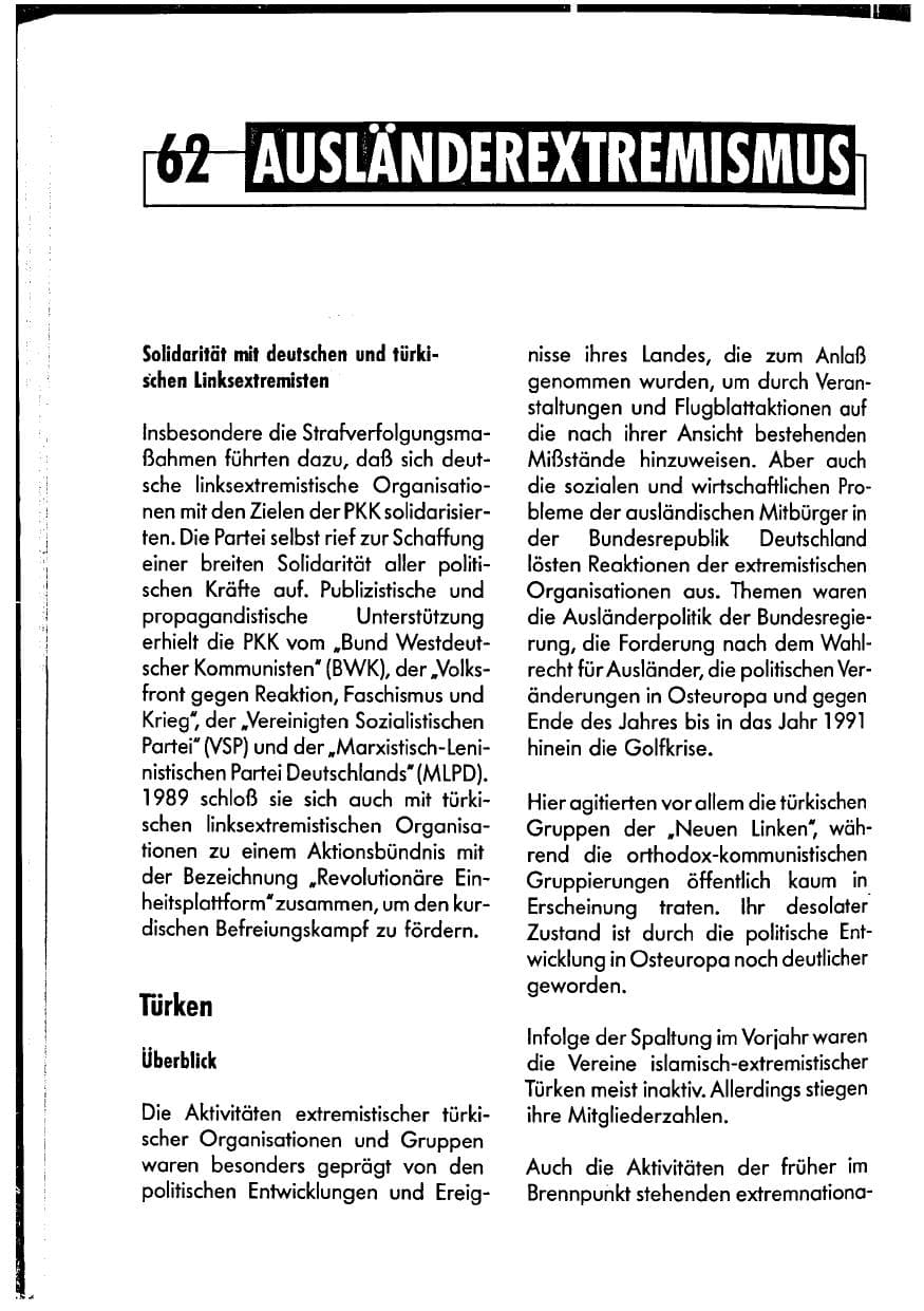 Seite 62 des Verfassungsschutzbericht 1990 Niedersachsen