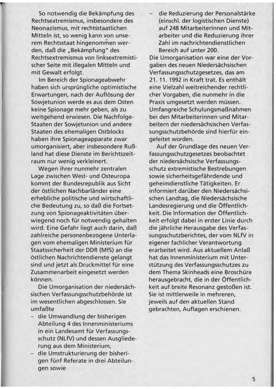 Seite 6 des Verfassungsschutzbericht 1992 Niedersachsen