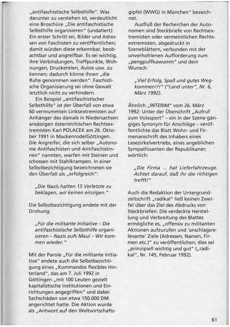 Seite 62 des Verfassungsschutzbericht 1992 Niedersachsen