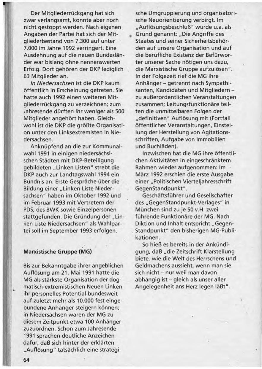 Seite 65 des Verfassungsschutzbericht 1992 Niedersachsen