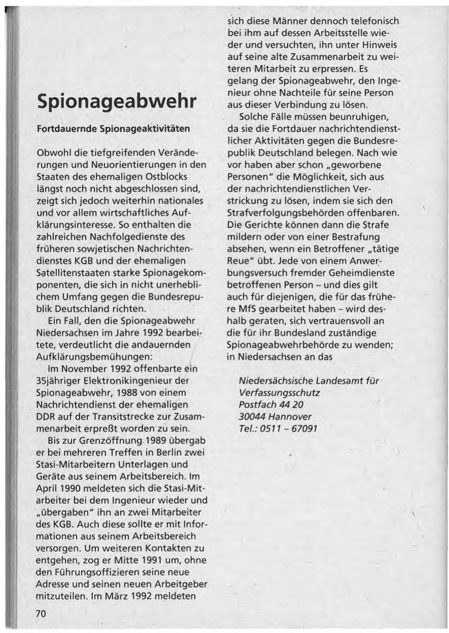 Seite 71 des Verfassungsschutzbericht 1992 Niedersachsen
