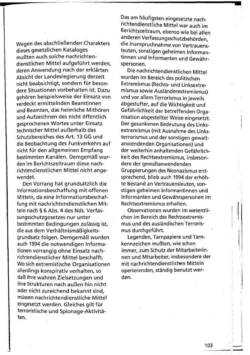 Seite 103 des Verfassungsschutzbericht 1994 Niedersachsen