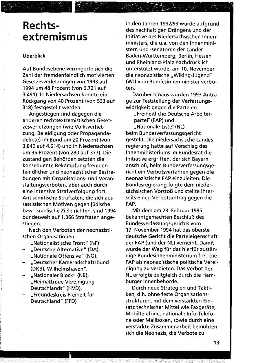 Seite 13 des Verfassungsschutzbericht 1994 Niedersachsen