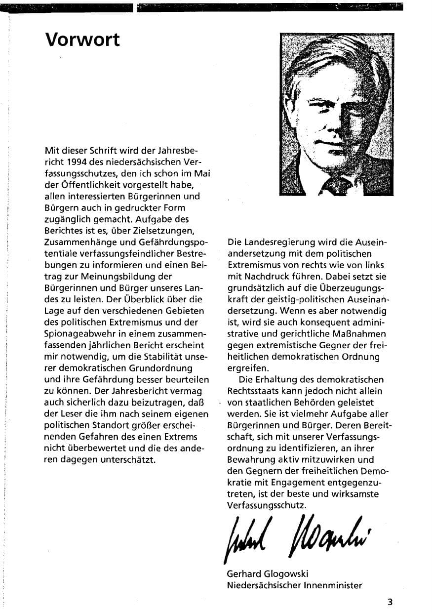 Seite 3 des Verfassungsschutzbericht 1994 Niedersachsen