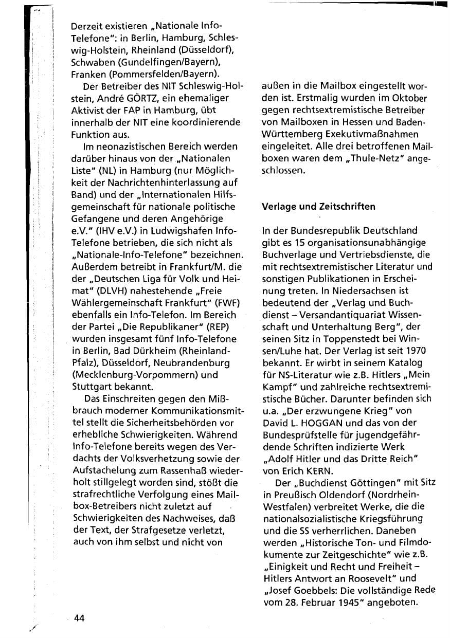 Seite 44 des Verfassungsschutzbericht 1994 Niedersachsen
