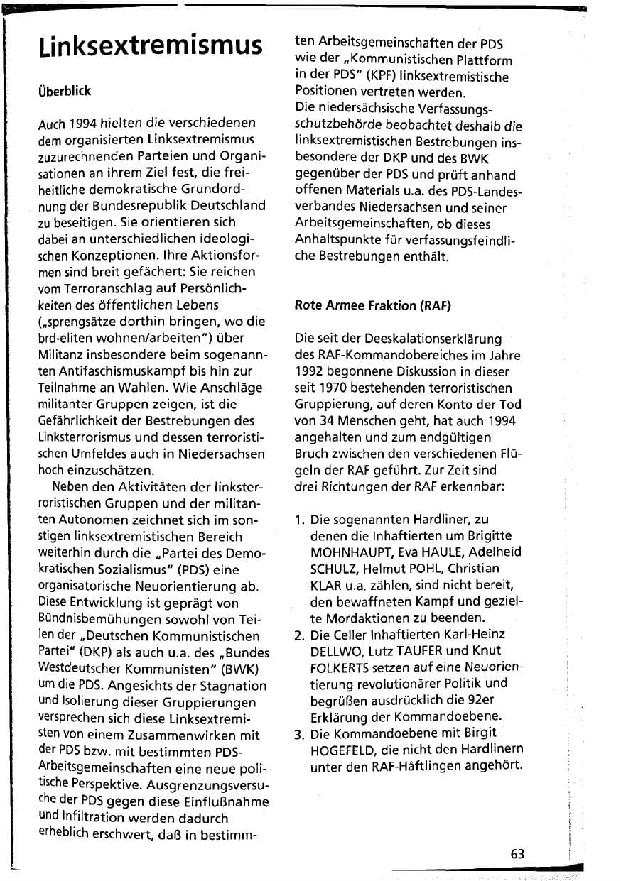 Seite 63 des Verfassungsschutzbericht 1994 Niedersachsen