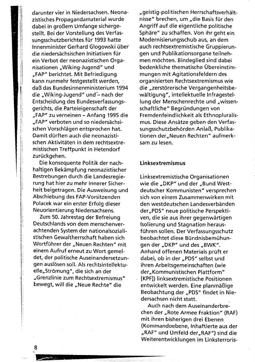 Seite 8 des Verfassungsschutzbericht 1994 Niedersachsen
