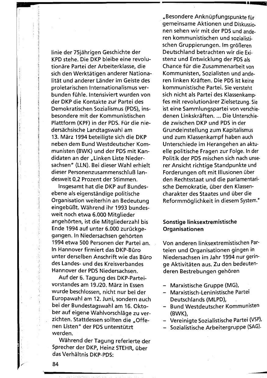 Seite 84 des Verfassungsschutzbericht 1994 Niedersachsen