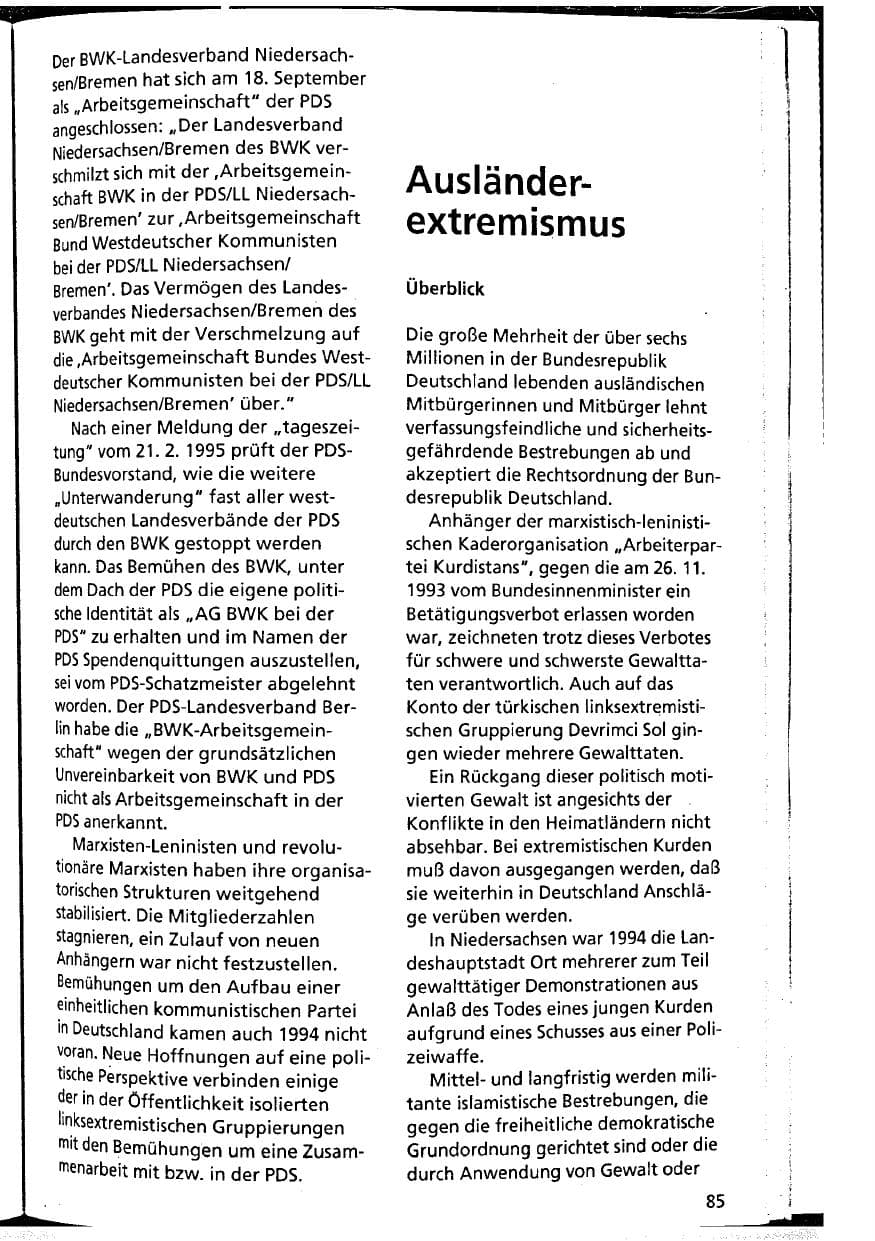 Seite 85 des Verfassungsschutzbericht 1994 Niedersachsen