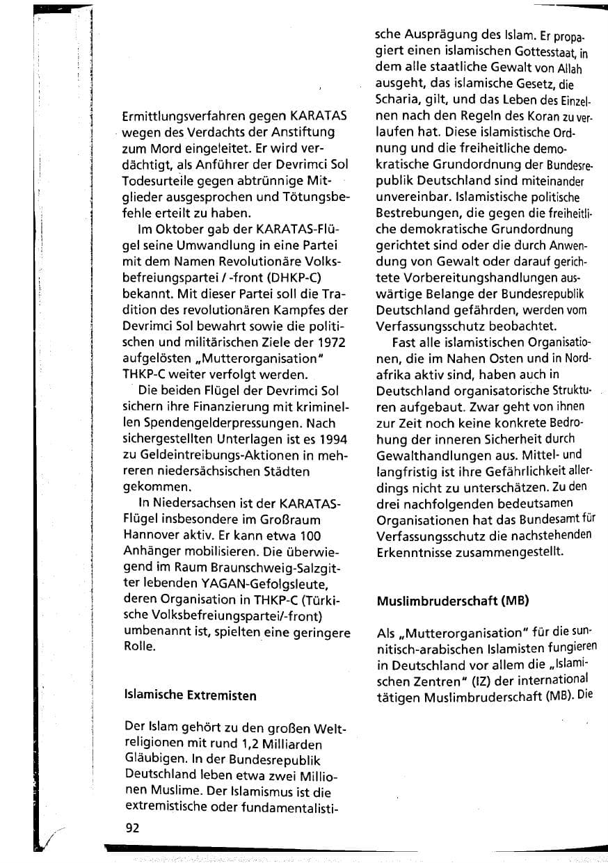 Seite 92 des Verfassungsschutzbericht 1994 Niedersachsen