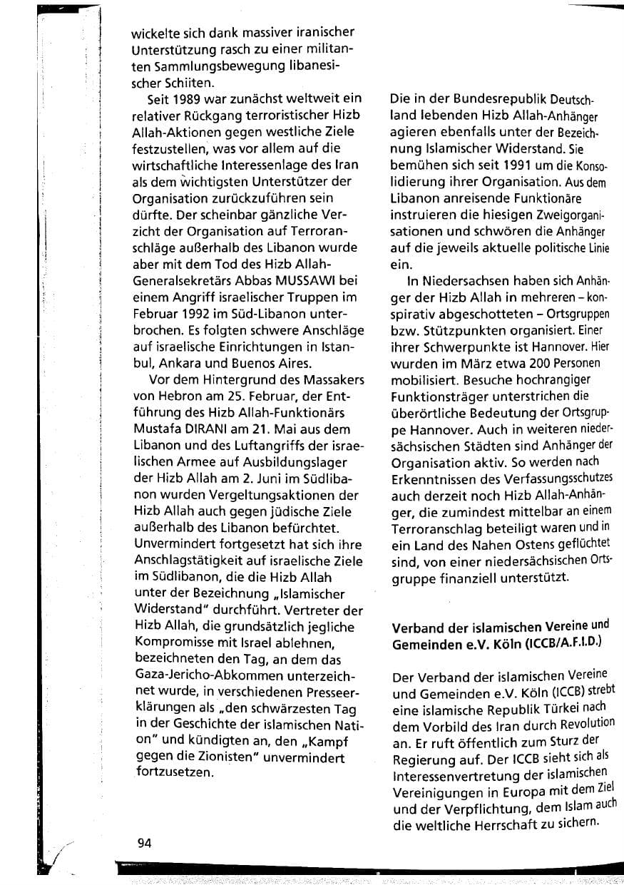 Seite 94 des Verfassungsschutzbericht 1994 Niedersachsen
