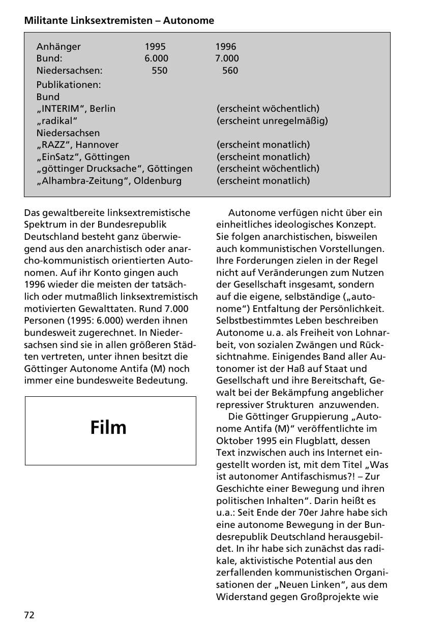 Seite 71 des Verfassungsschutzbericht 1996 Niedersachsen