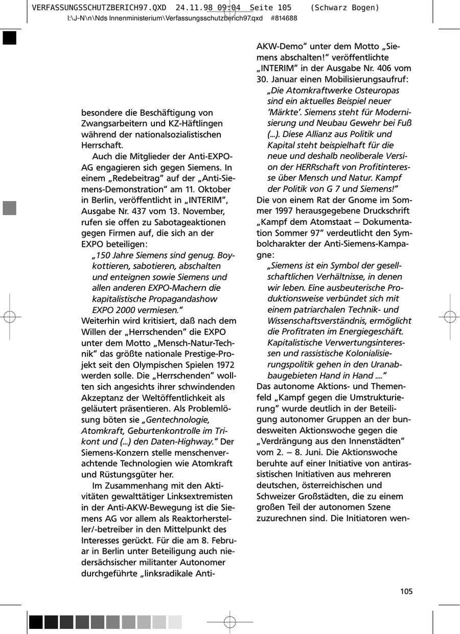 Seite 105 des Verfassungsschutzbericht 1997 Niedersachsen