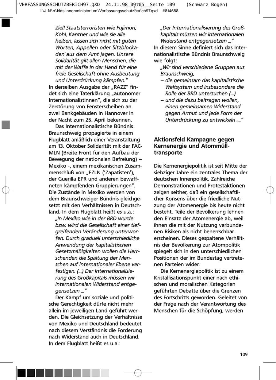 Seite 109 des Verfassungsschutzbericht 1997 Niedersachsen