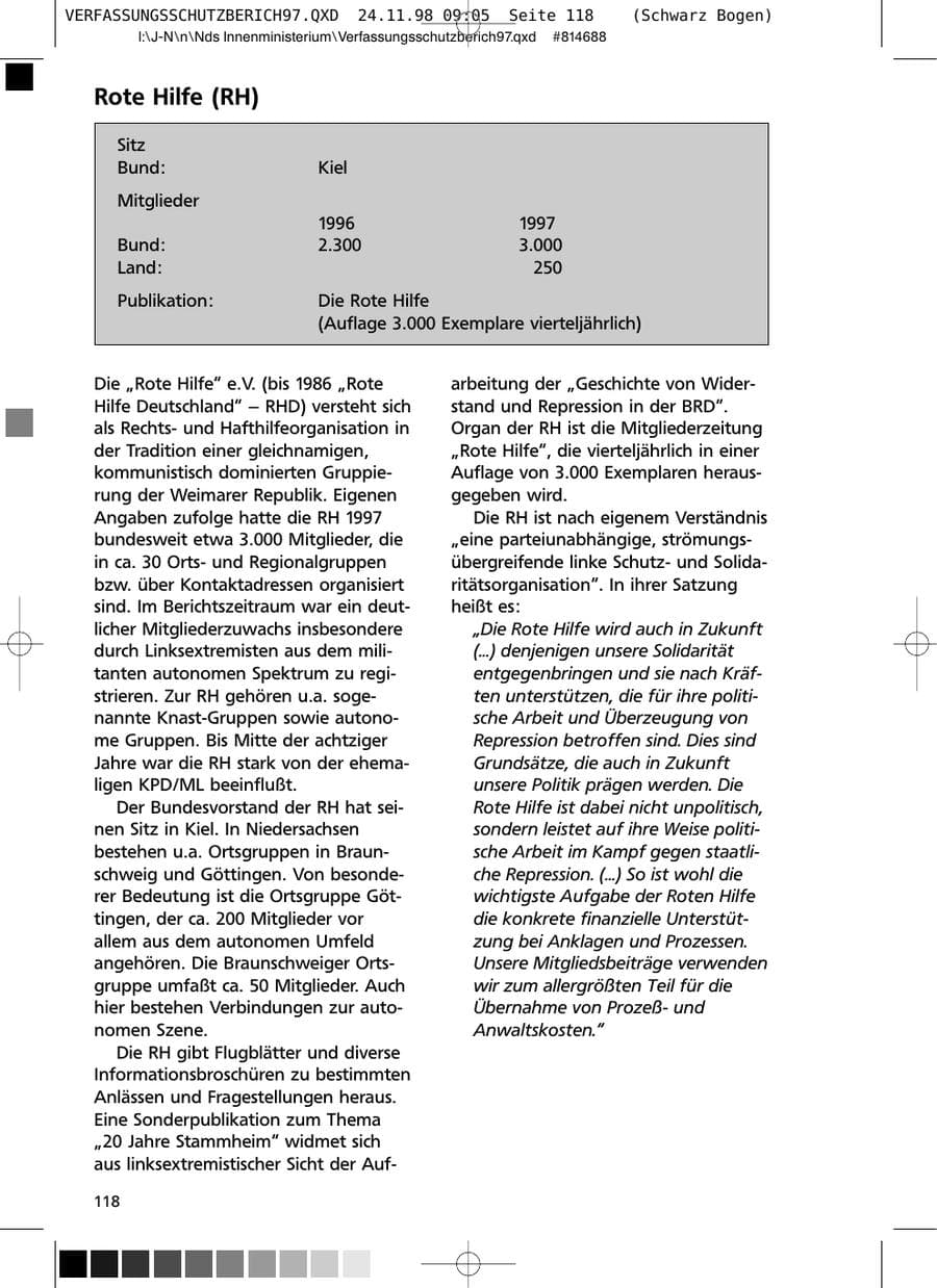 Seite 118 des Verfassungsschutzbericht 1997 Niedersachsen