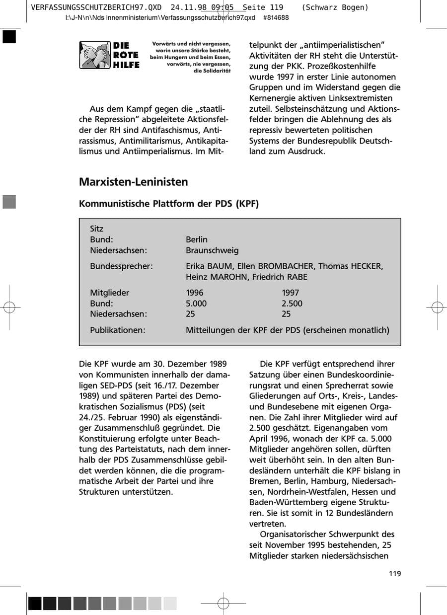 Seite 119 des Verfassungsschutzbericht 1997 Niedersachsen
