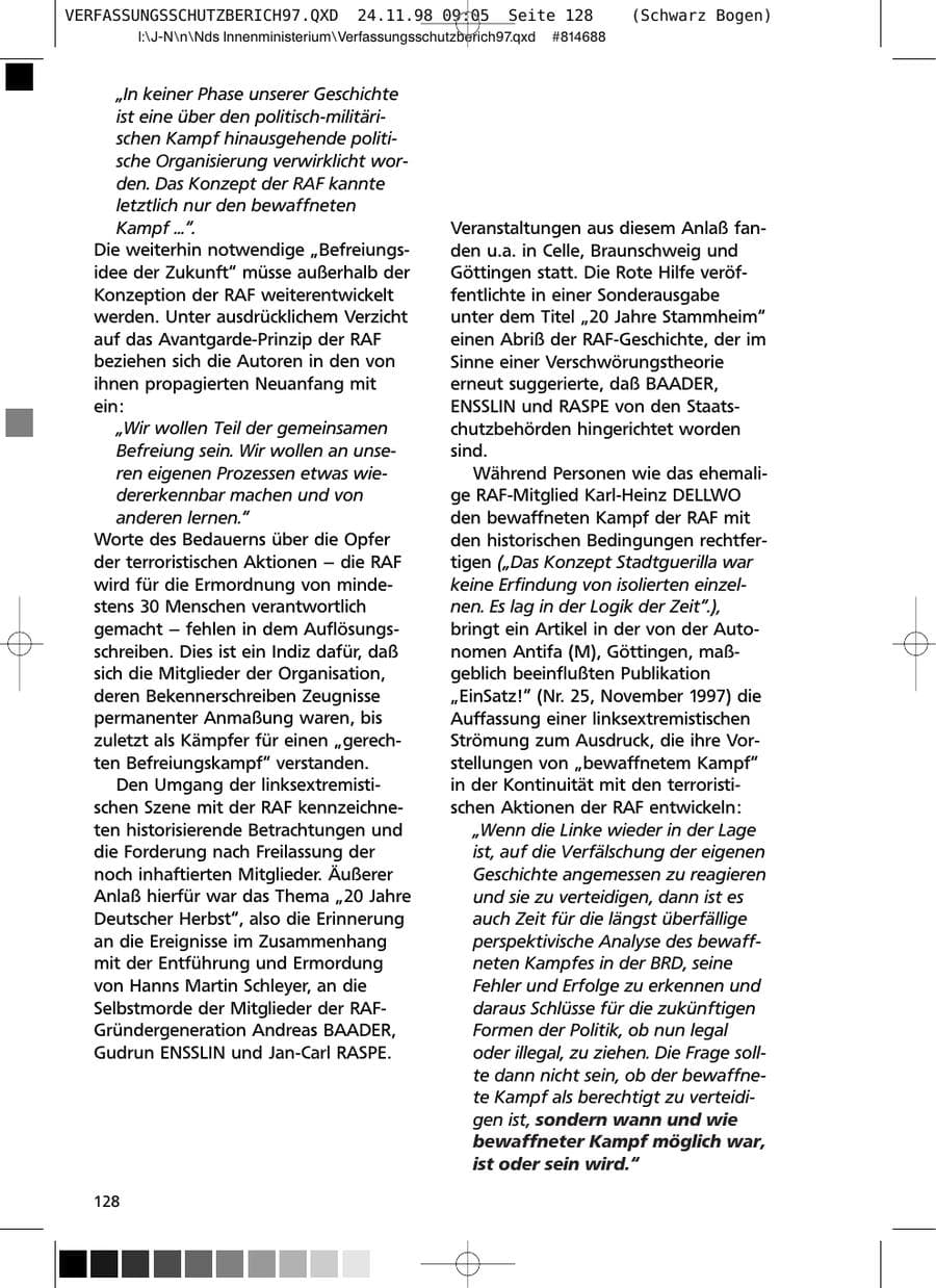 Seite 128 des Verfassungsschutzbericht 1997 Niedersachsen