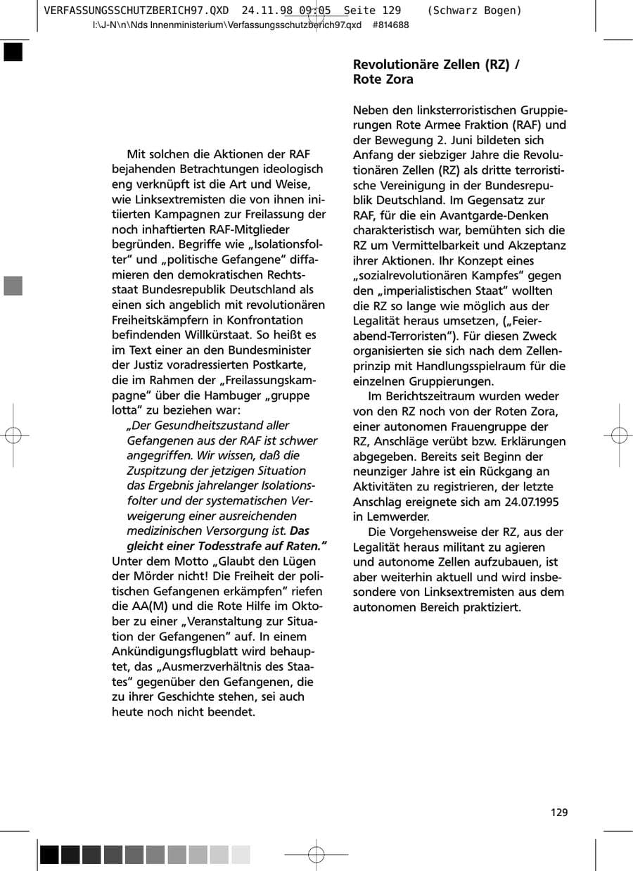 Seite 129 des Verfassungsschutzbericht 1997 Niedersachsen
