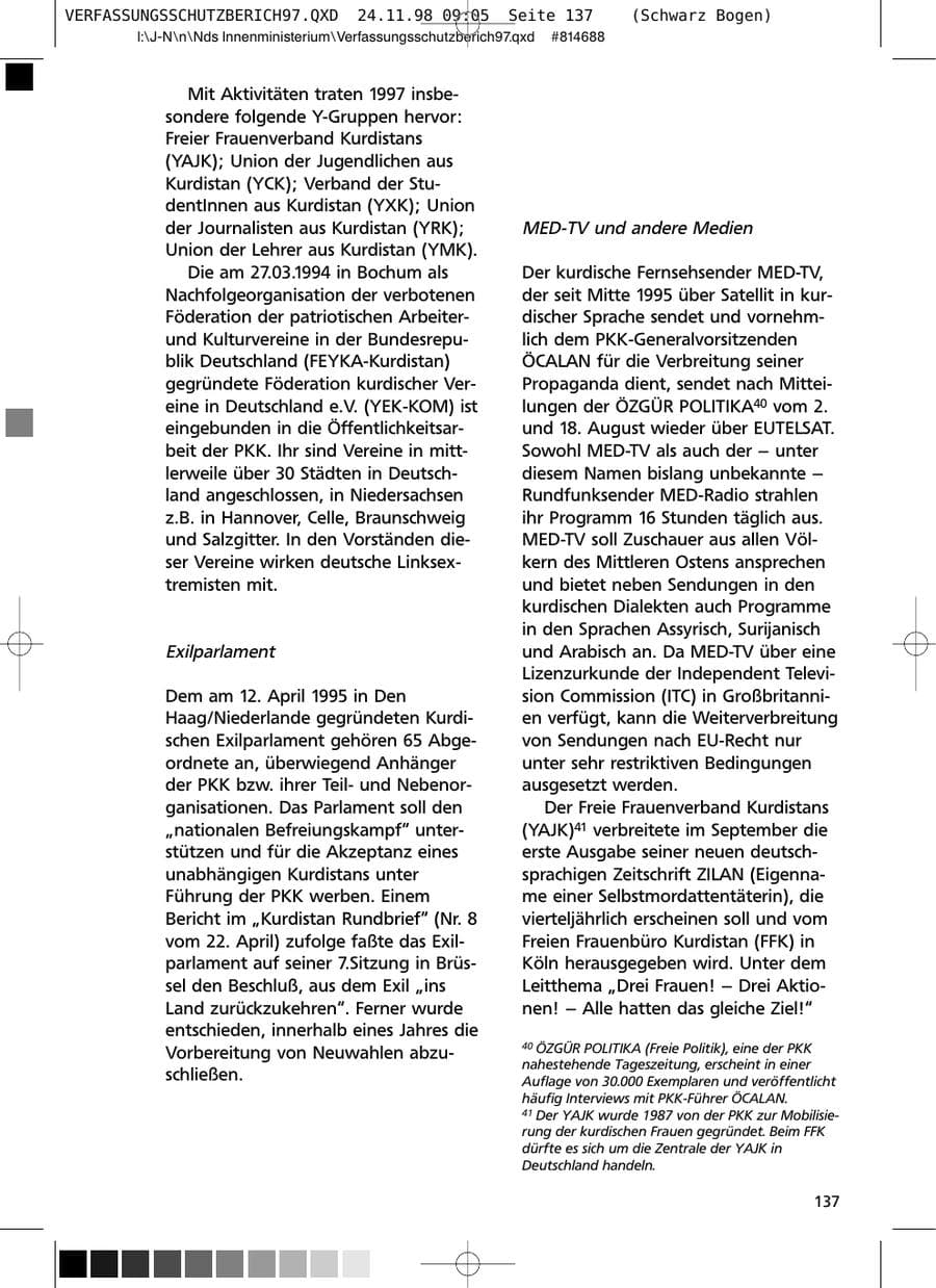 Seite 137 des Verfassungsschutzbericht 1997 Niedersachsen