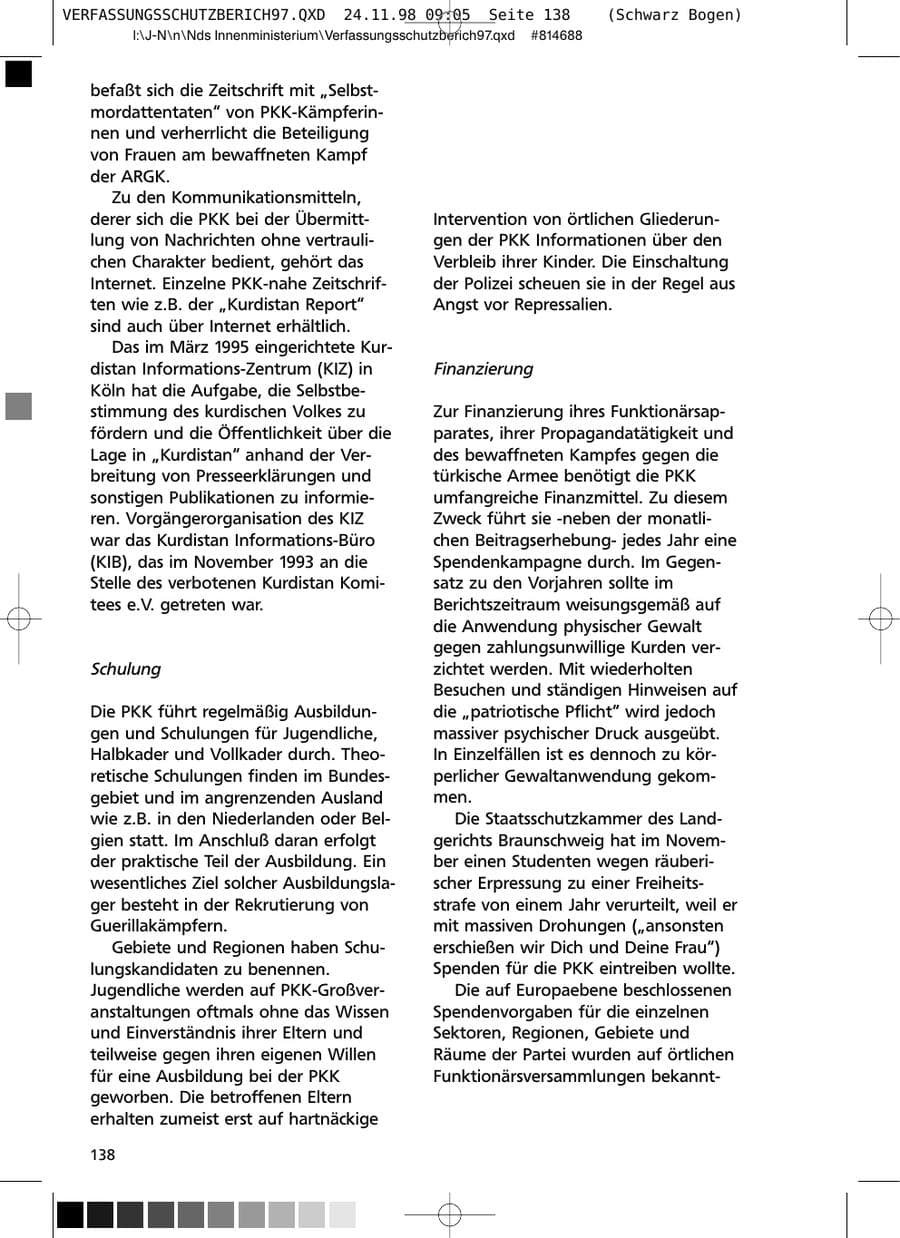 Seite 138 des Verfassungsschutzbericht 1997 Niedersachsen