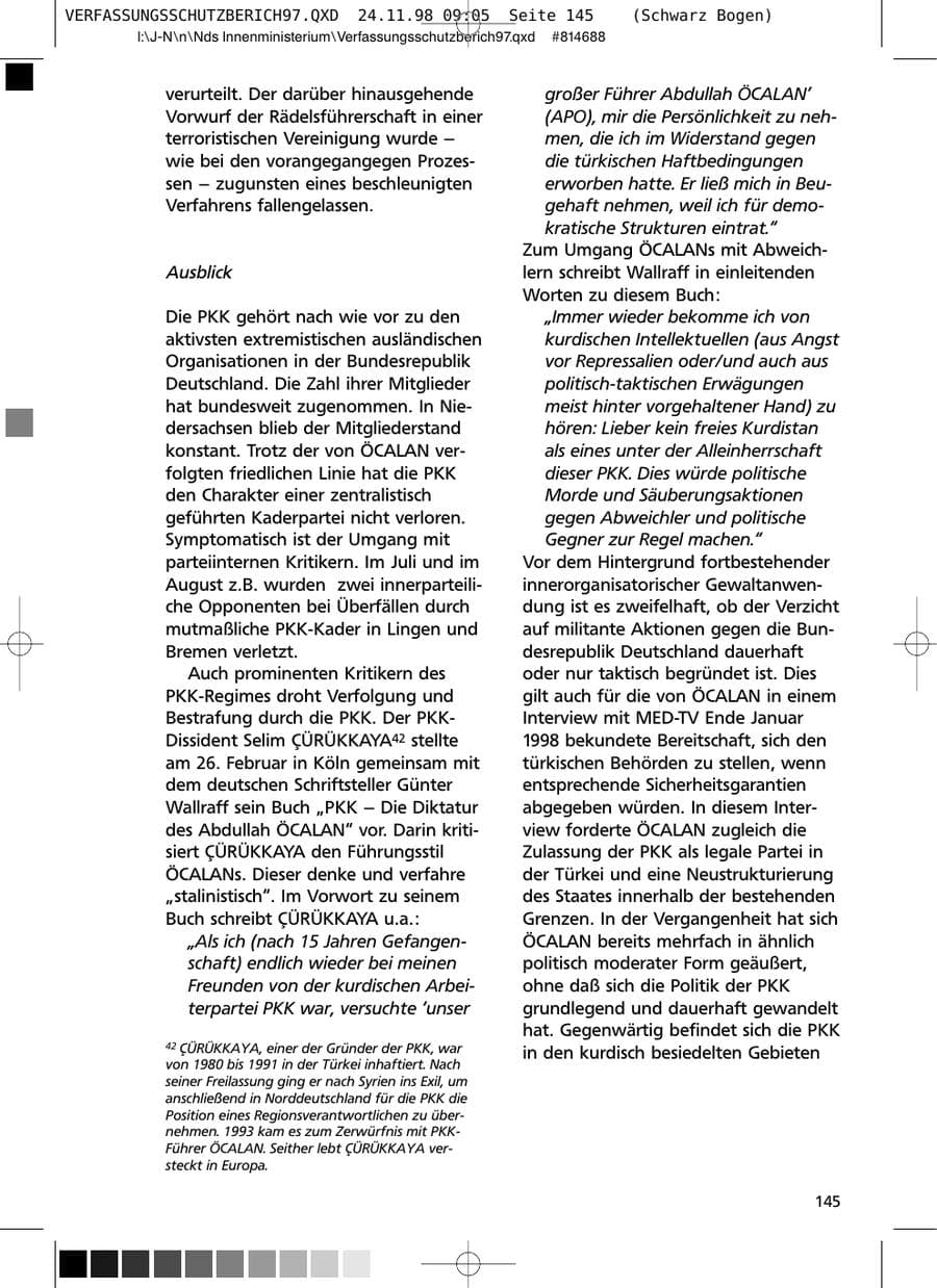 Seite 145 des Verfassungsschutzbericht 1997 Niedersachsen