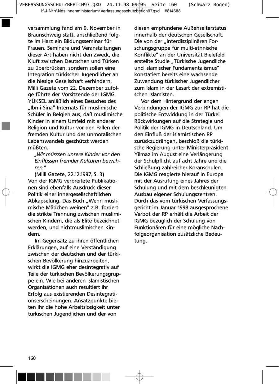 Seite 160 des Verfassungsschutzbericht 1997 Niedersachsen