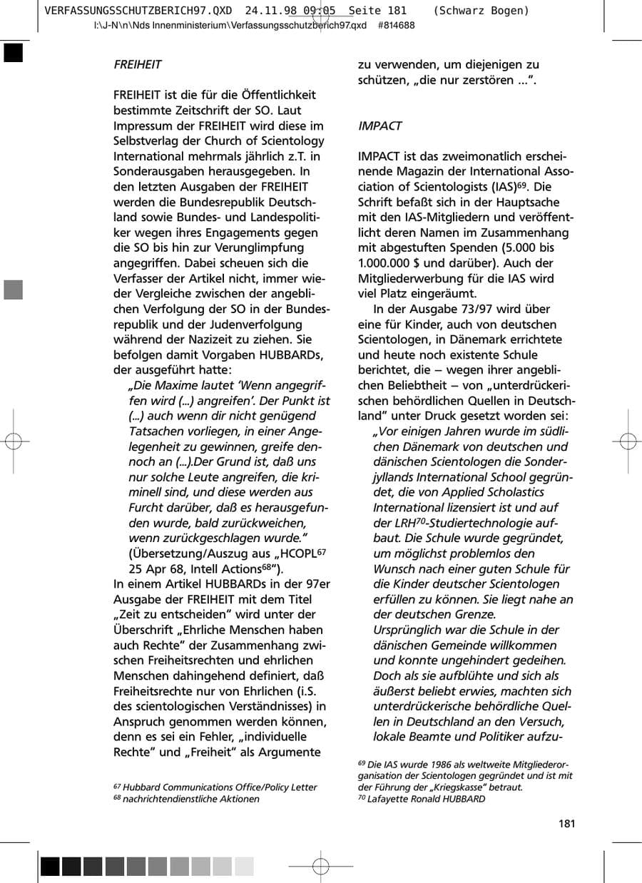 Seite 181 des Verfassungsschutzbericht 1997 Niedersachsen
