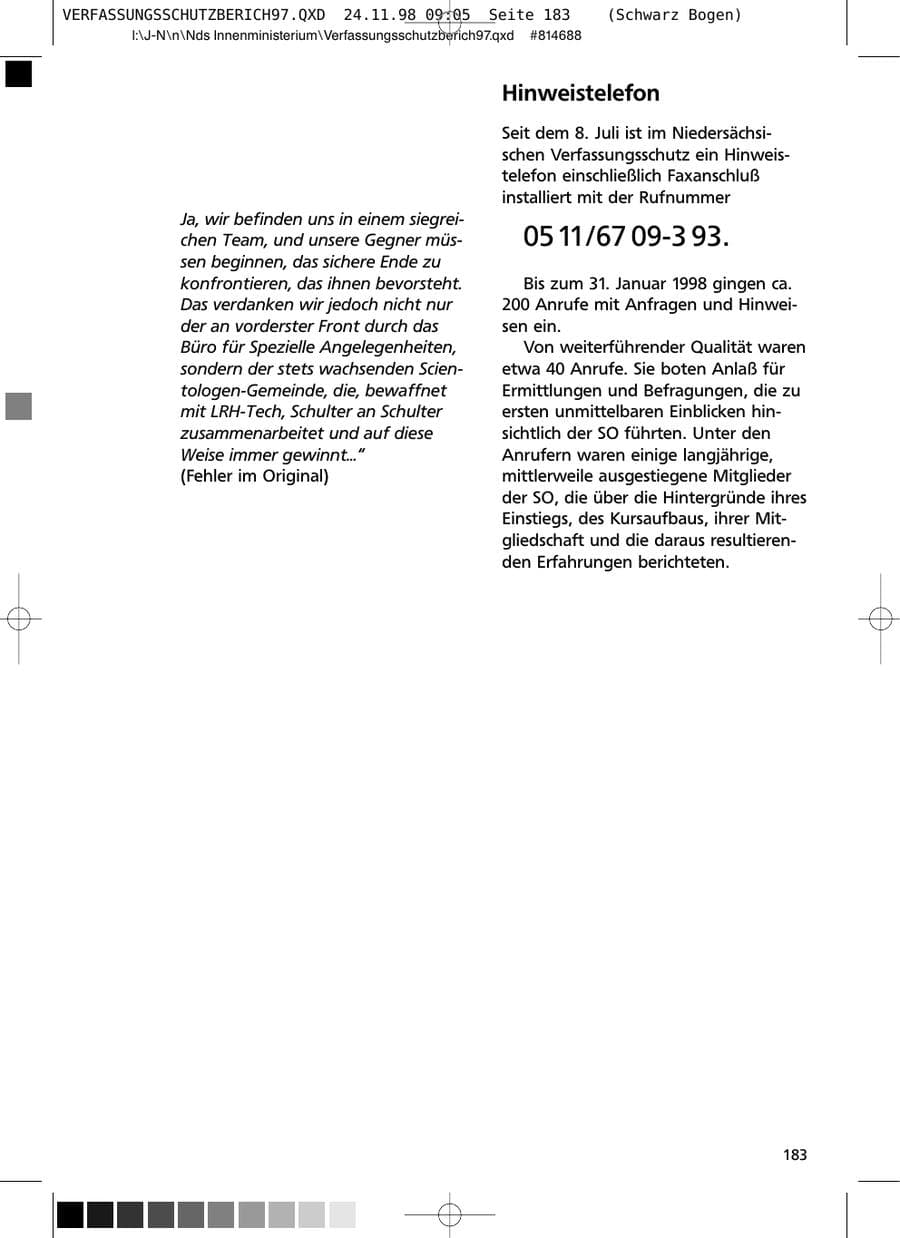 Seite 183 des Verfassungsschutzbericht 1997 Niedersachsen