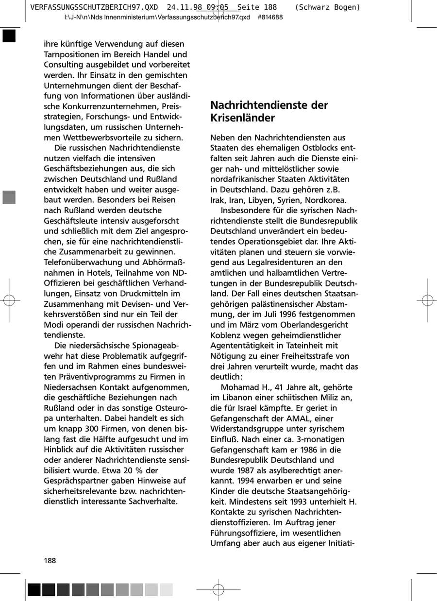Seite 188 des Verfassungsschutzbericht 1997 Niedersachsen