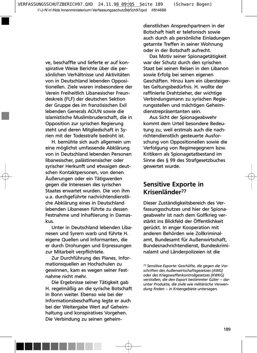 Seite 189 des Verfassungsschutzbericht 1997 Niedersachsen