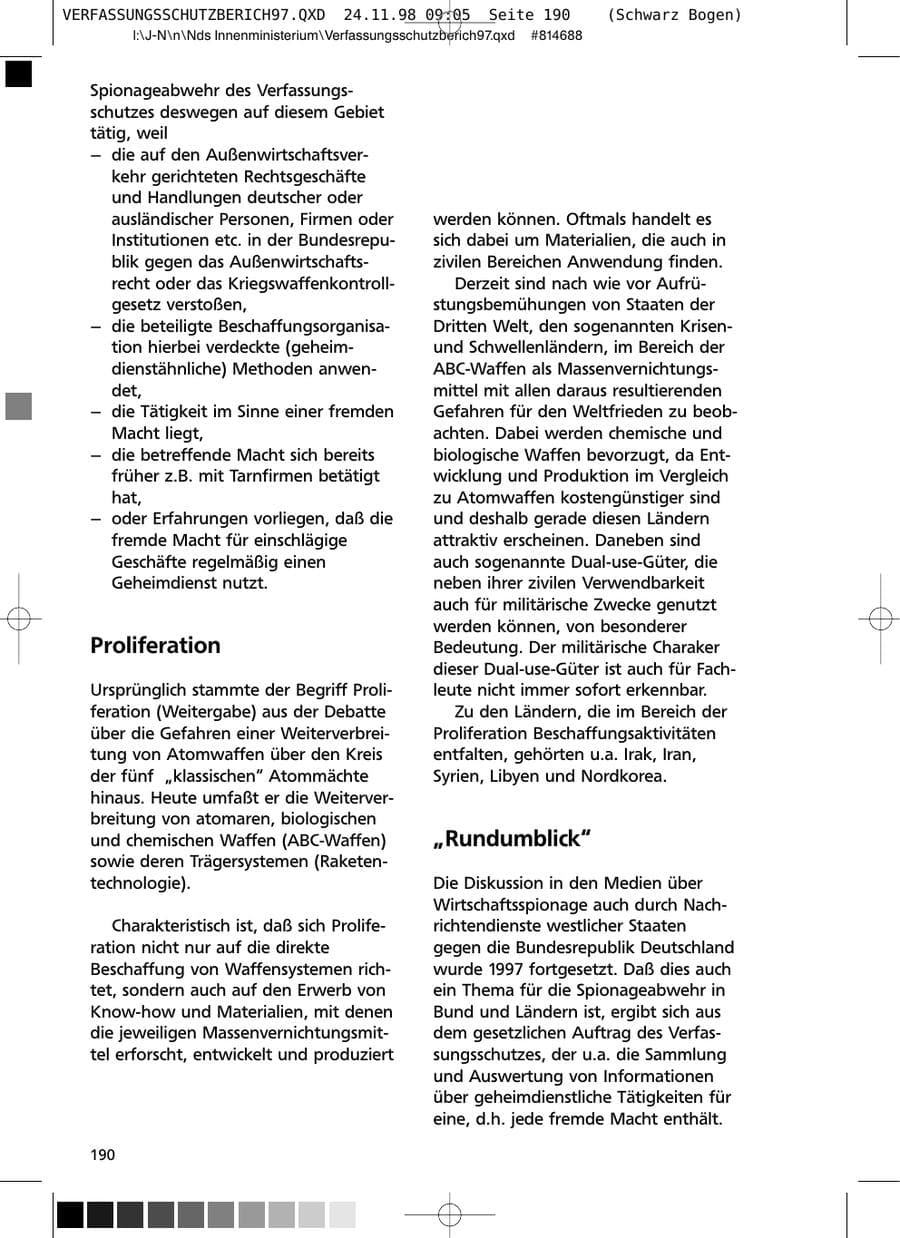 Seite 190 des Verfassungsschutzbericht 1997 Niedersachsen