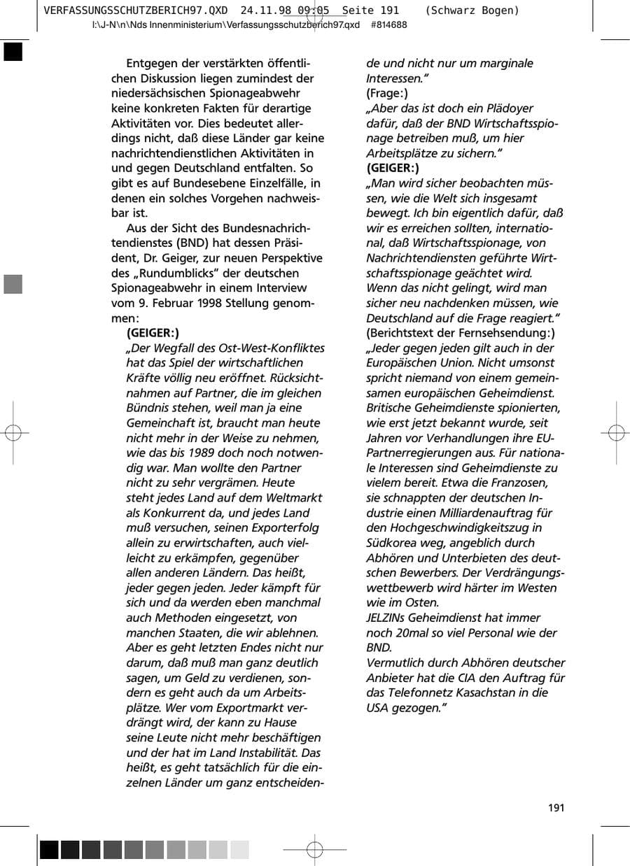 Seite 191 des Verfassungsschutzbericht 1997 Niedersachsen